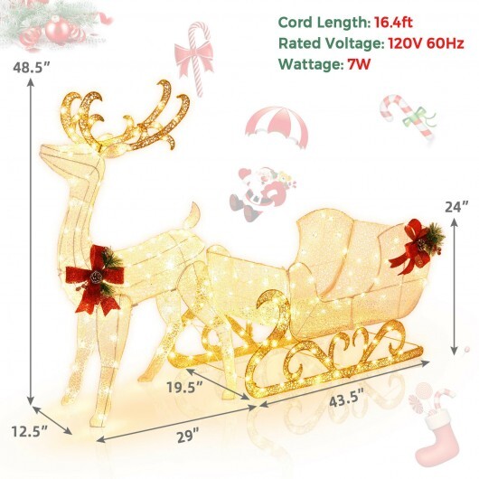 6 Feet Christmas Lighted Reindeer and Santa's Sleigh Decoration with 4 Stakes-Golden - Color: Golden