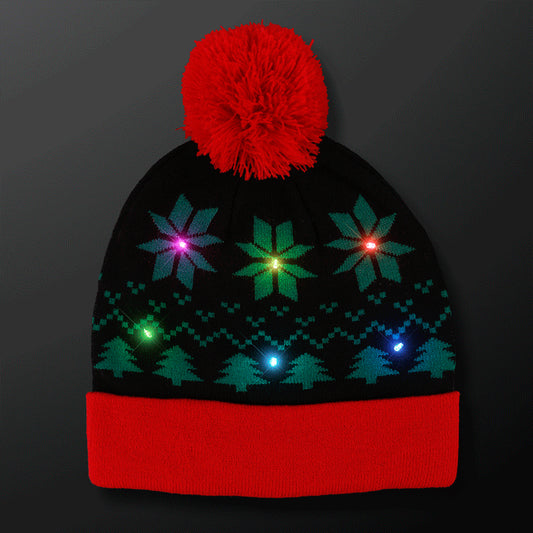 Light Up Black Red Pompom Beanie Hat