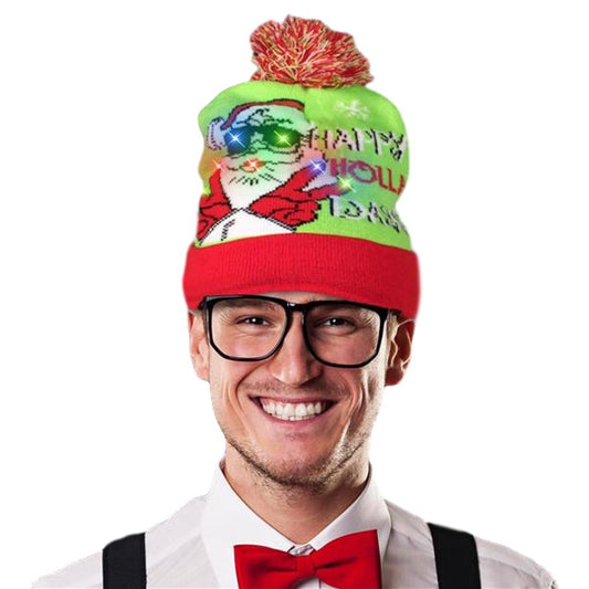 Light Up Happy Holla Days  Knit Pom Pom Beanie Hat Pack of 6