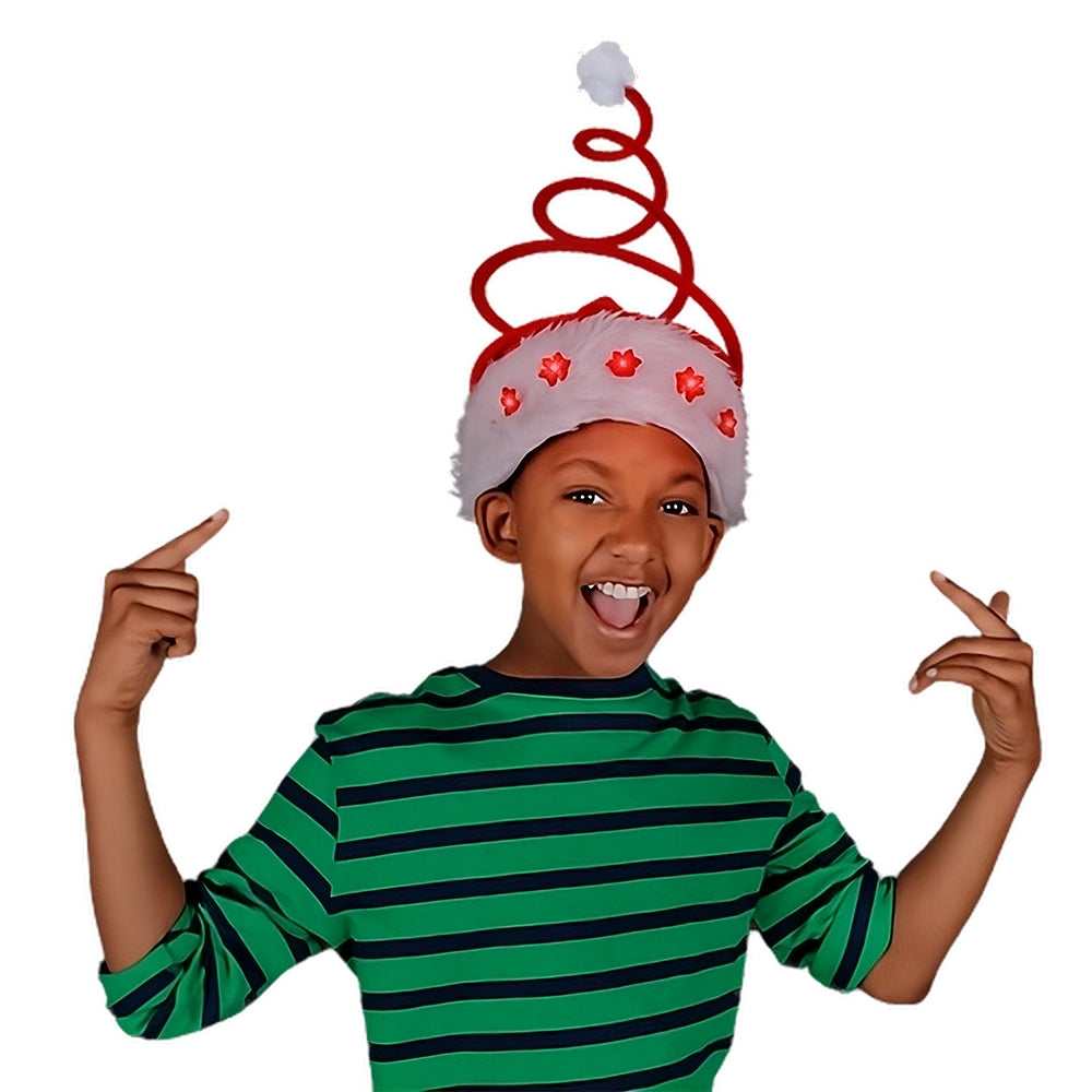 Silly Springy Red Christmas Tree Santa Hat with Flashing Snowflakes