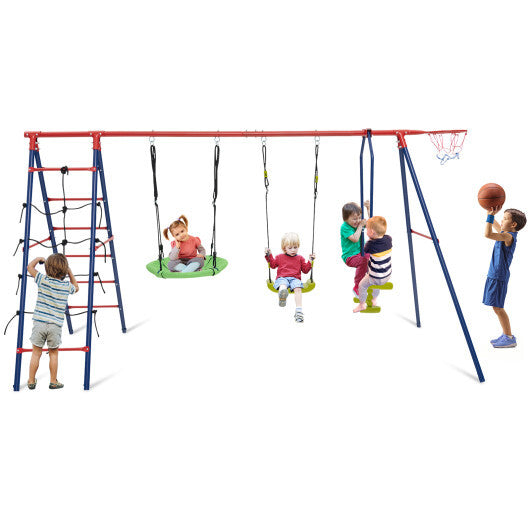 550 LBS 6-in-1 Patio Kids Swing Set with Climbing Net and Ladder-Green