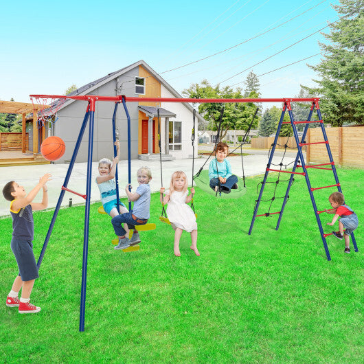 550 LBS 6-in-1 Patio Kids Swing Set with Climbing Net and Ladder-Green