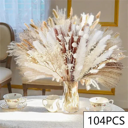 Color: Gold - 105pcs Natural Dried Flowers Pampas Floral Bouquet Boho Country Home Decoration Rabbit Tail Grass Reed Wedding Decor Arrangement