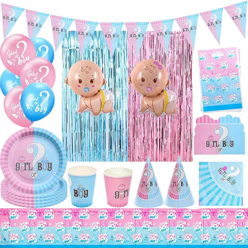 Color: Chocolate - Gender Reveal Party Decorations Disposable Tableware Plates Cups Napkins Tablecloth Boy Girl Balloon Fringe Curtain