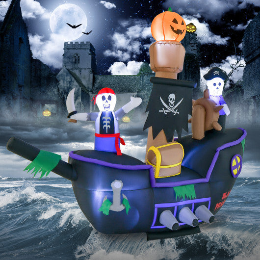 7 Feet Long Halloween Inflatable Pirate Ship with LED Lights Blower - Color: Multicolor