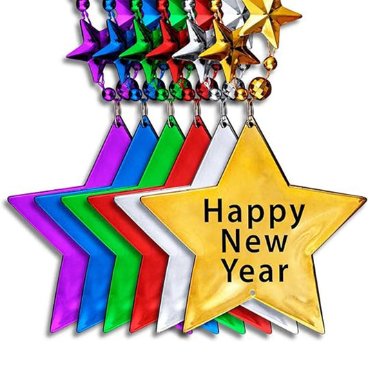 Unlit Assorted Metallic Happy New Year Star Beads Necklace Pack of 12