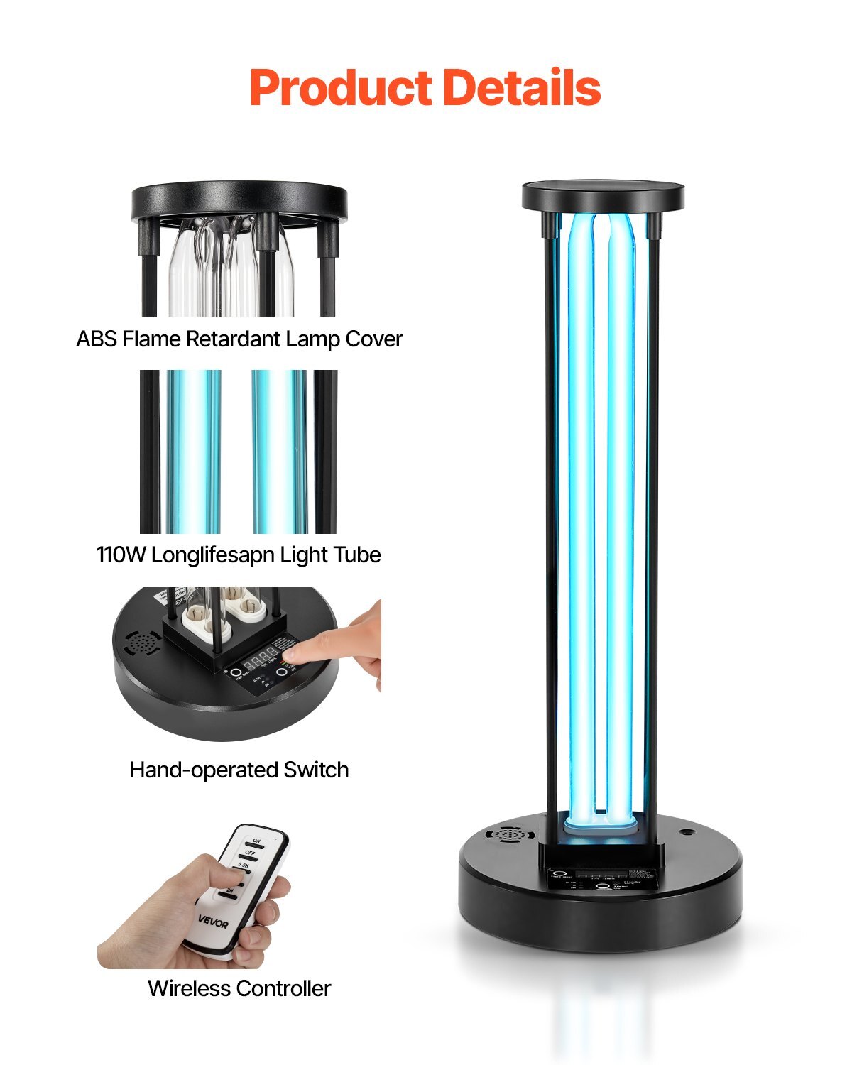 UV Light, 36W Ultraviolet Lamp with Ozone Purifier, UVC Lamp with 30/60/120 Minutes 3-Gear Timer and Remote Control, for Room up to 400 sqft, UVO Lights for Living Room, Bedroom, Hotel, School