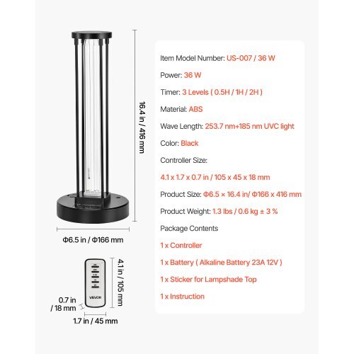 UV Light, 36W Ultraviolet Lamp with Ozone Purifier, UVC Lamp with 30/60/120 Minutes 3-Gear Timer and Remote Control, for Room up to 400 sqft, UVO Lights for Living Room, Bedroom, Hotel, School